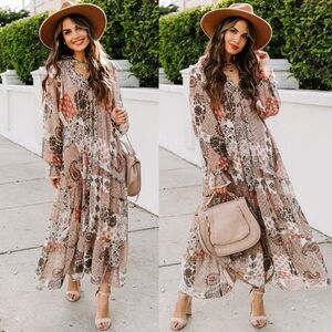 Vici Boho Patchwork Maxi Dress in Beige, Rust & Olive